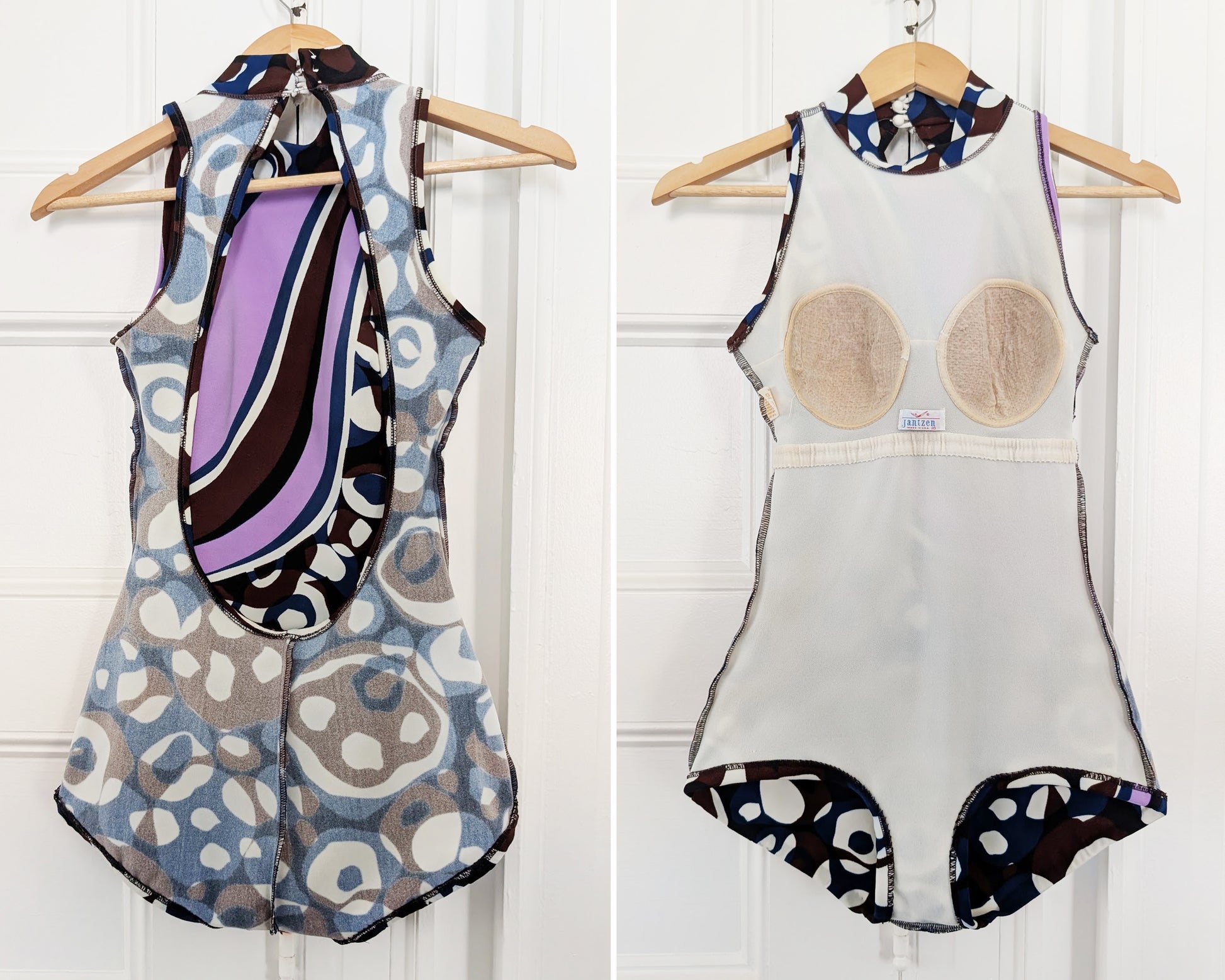 side by side views of the back and the front of the swimsuit turned inside out