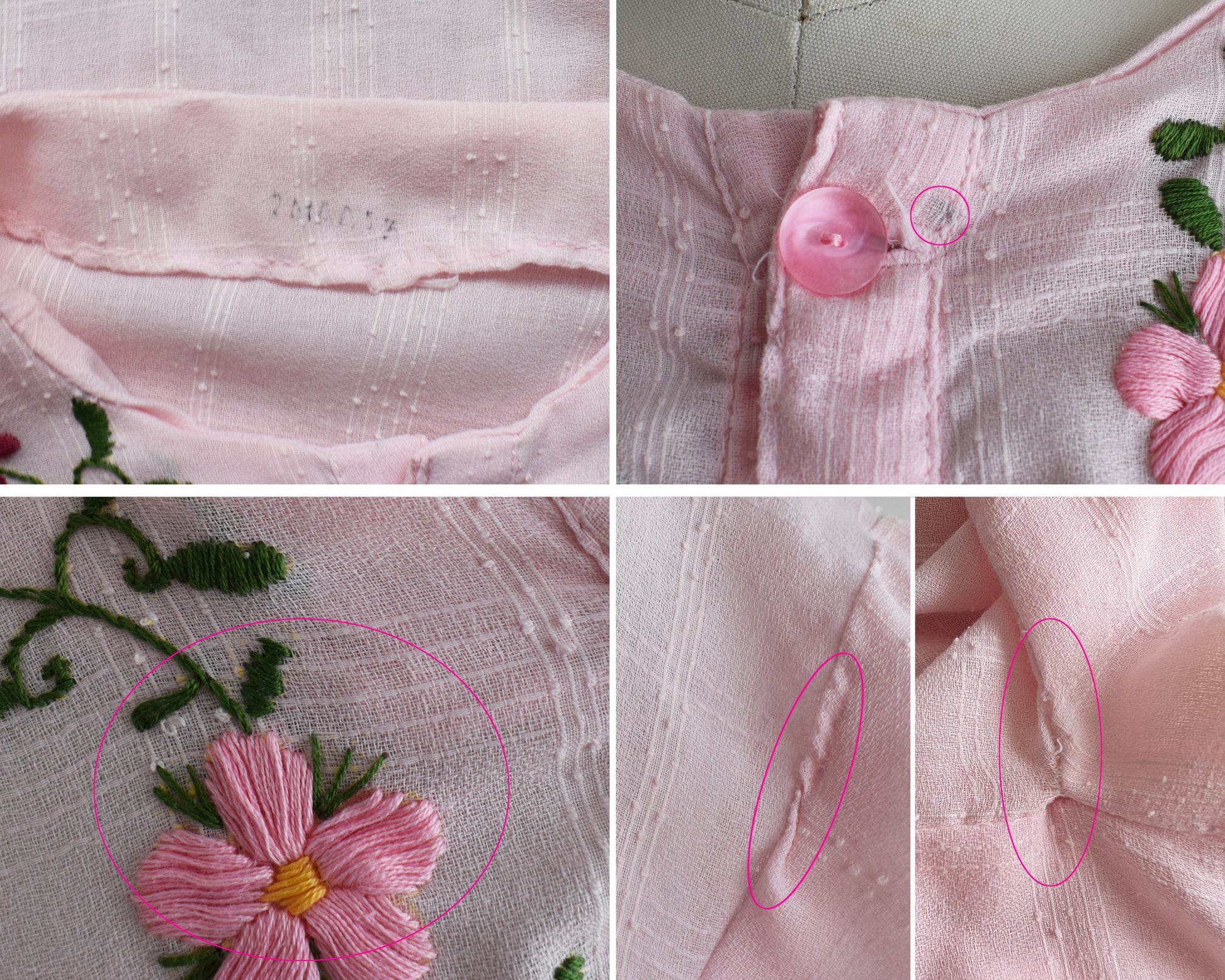 a collage showing small flaws which include writing on the collar, dark spots, yellow spots, and mends done by a previous owner