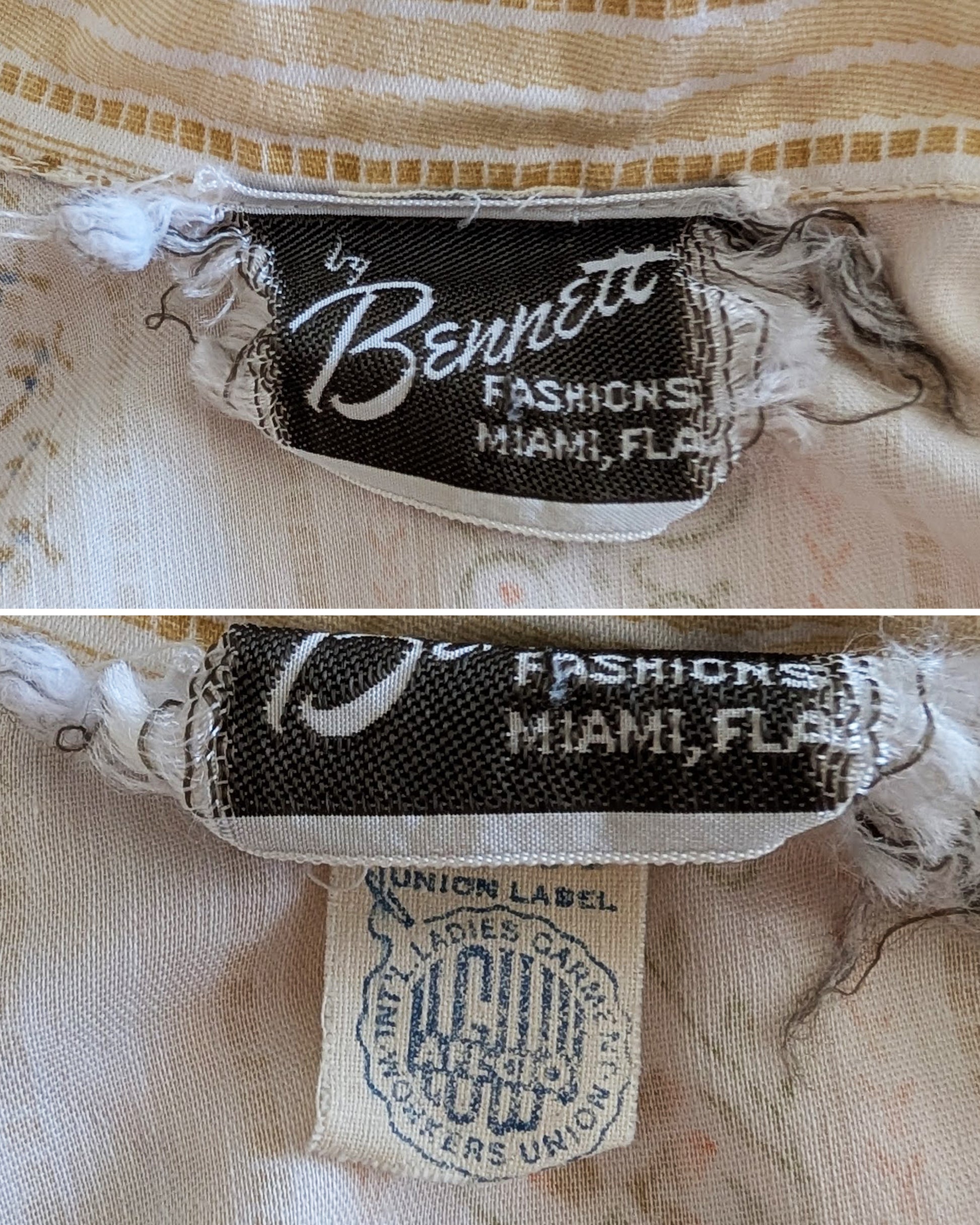 Close-up of a label on a garment with 'Bennett Fashions Miami, FL' label and a ILGWU tag