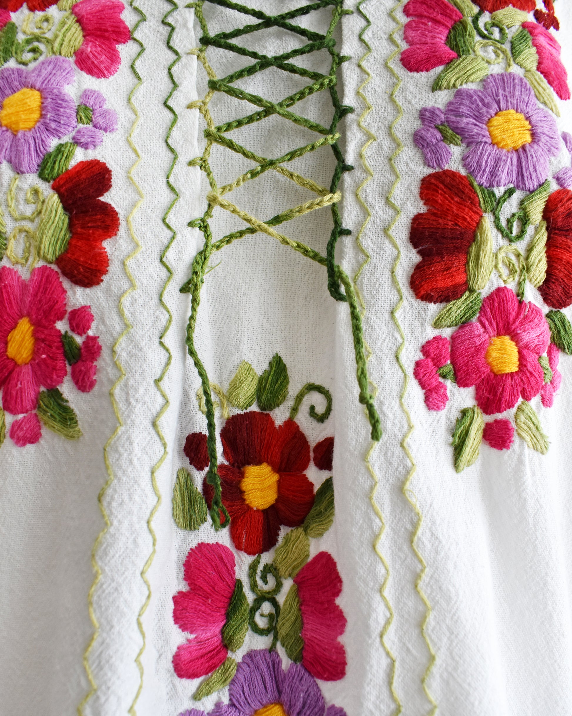 Close-up of colorful floral embroidery