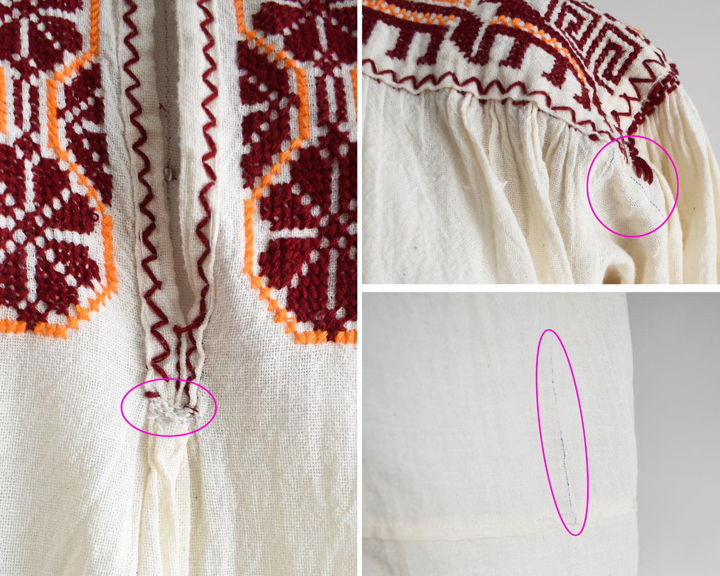 A photo collage showing small flaws, which includes some stitching on the bottom of the keyhole and some blue stitching on the left shoulder and left side seam.