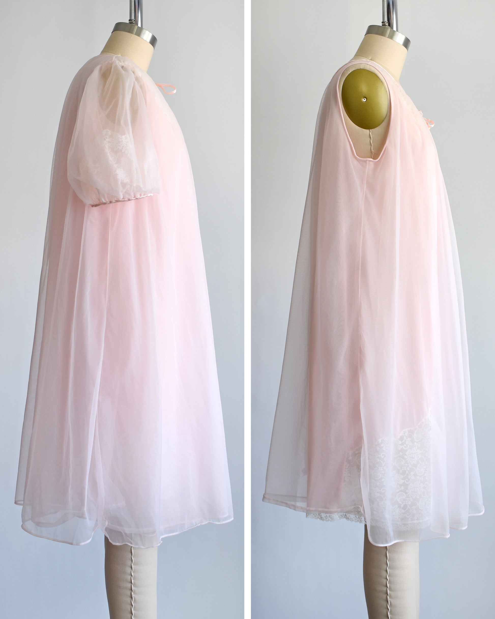 side by side view of the side of a vintage 1960s peignoir set by Evette Lingerie. The robe is off on the right photo