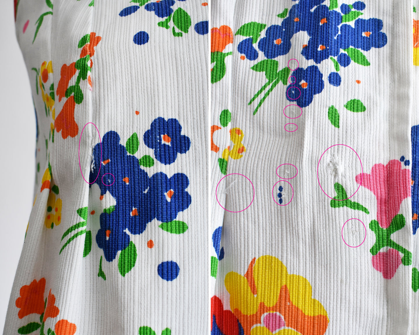 close up of small flaws which include an unraveling pleats some pulls, and a mend done by a previous owner