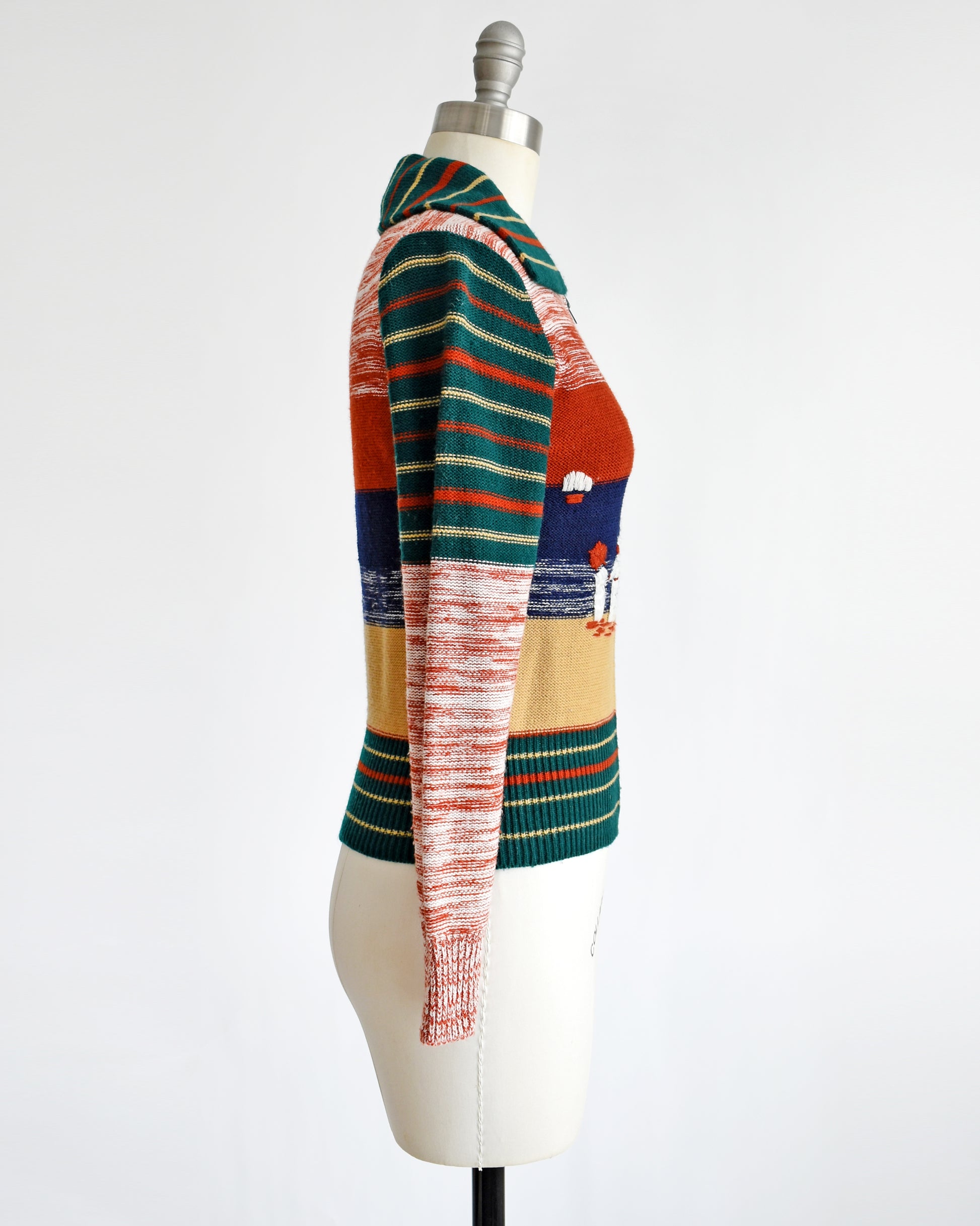 side view of a vintage 1970s scenic novelty space dye cardigan