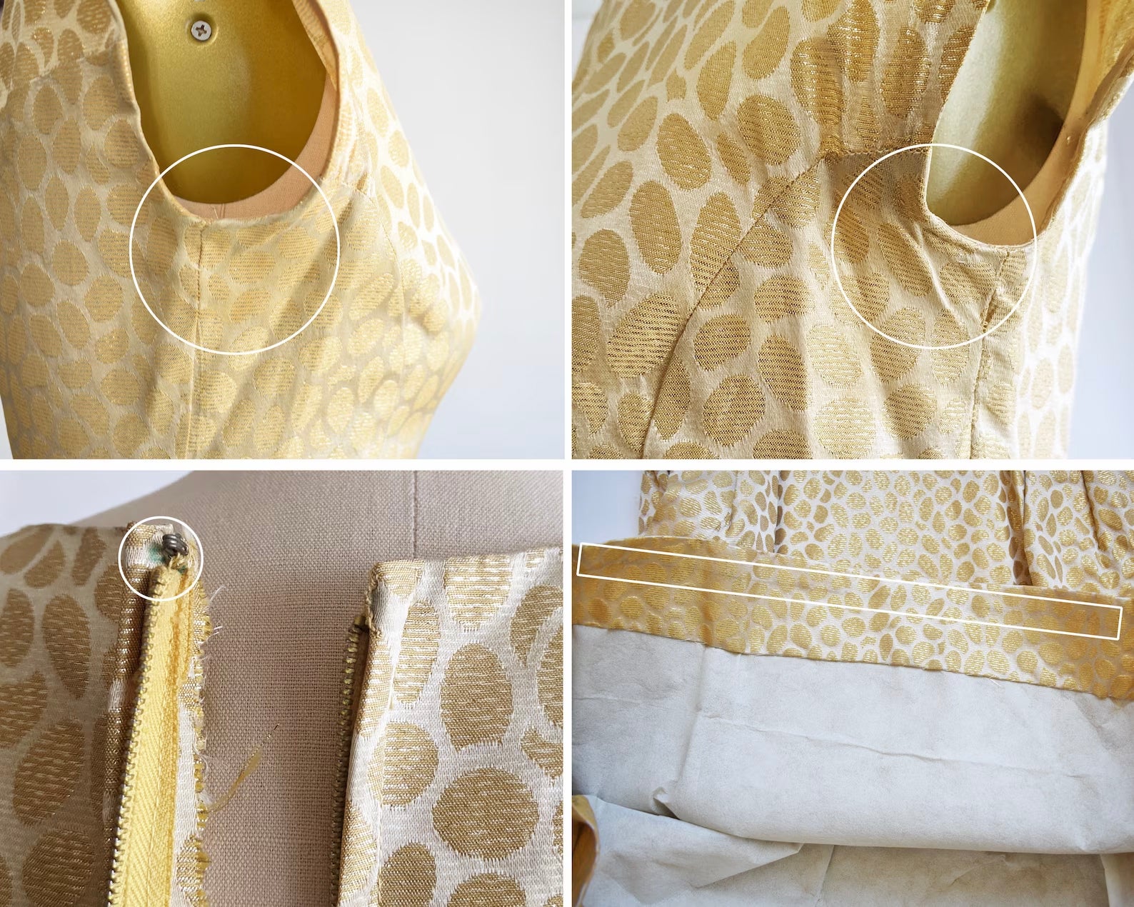 A photo collage of a few small flaws: top right and left show some faint yellow underarm stains, the bottom left shows a green mark on the inside, and the bottom right shows the pellon fabric along with a faint mark on the inside of the hem.