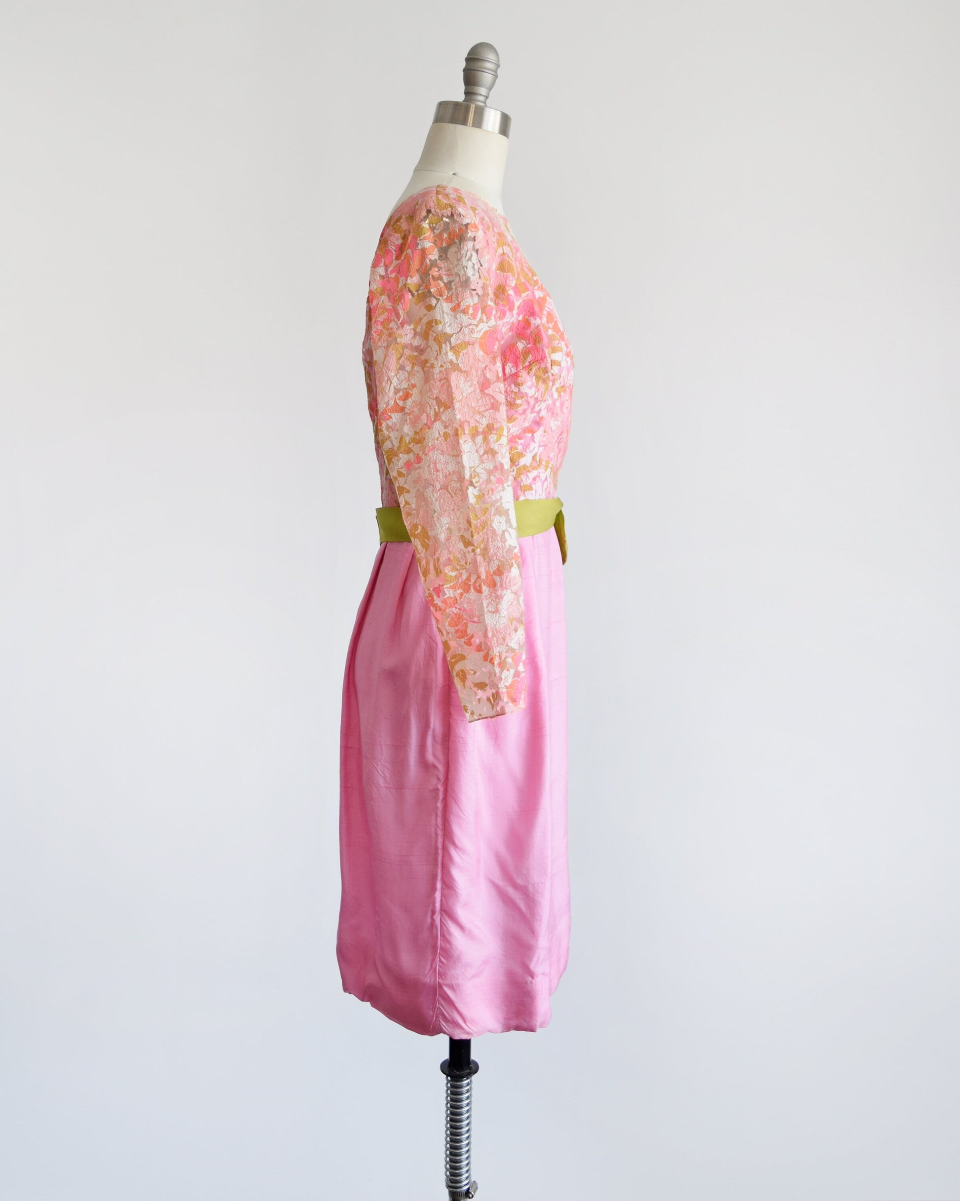 pink 60s dress Vintage 1960s Pink and Green Cocktail Dress with Sash Bow