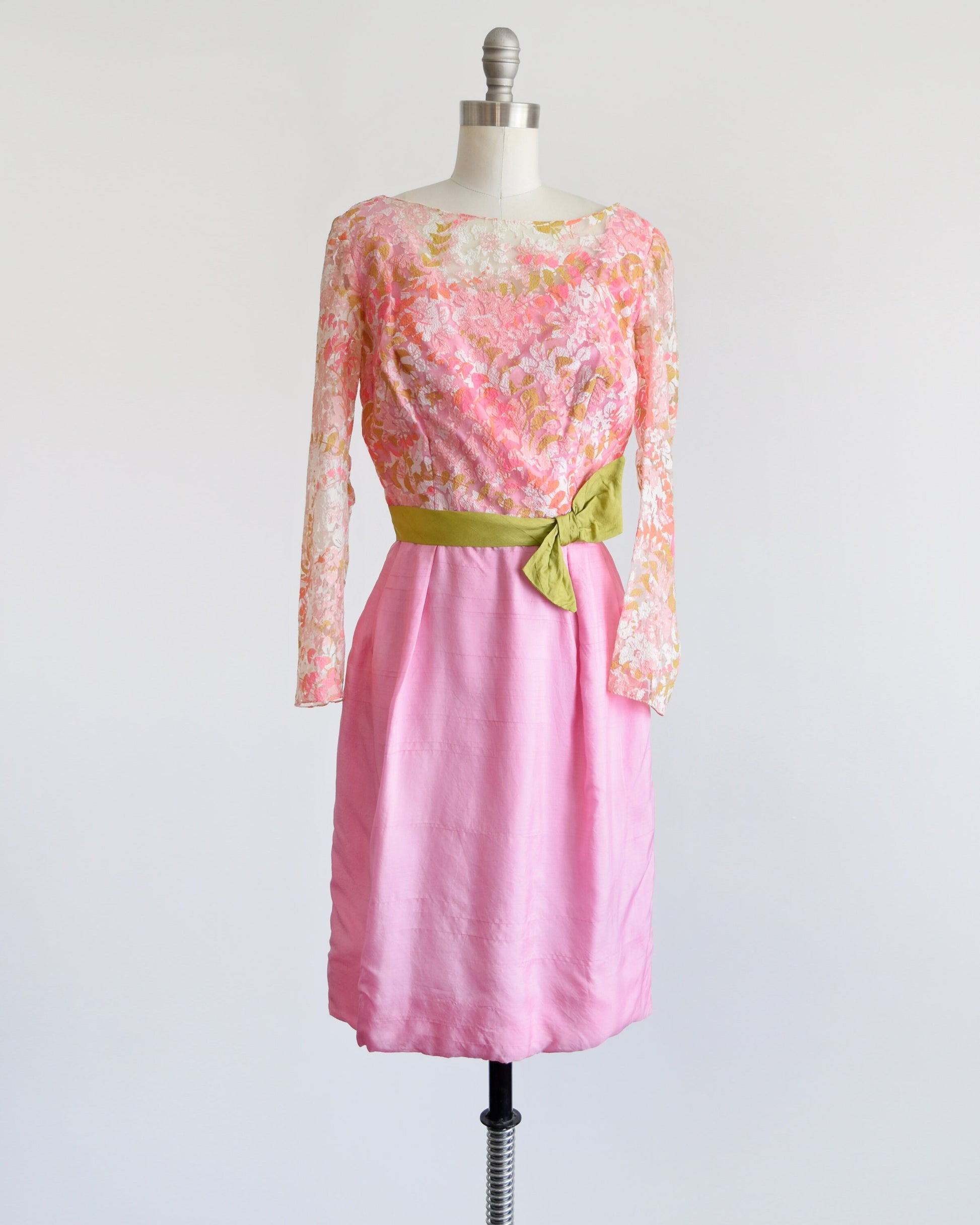 Vintage 1960s Pink and Green Cocktail Dress with Sash Bow Vintage 1960s Pink and Green Cocktail Dress with Sash Bow