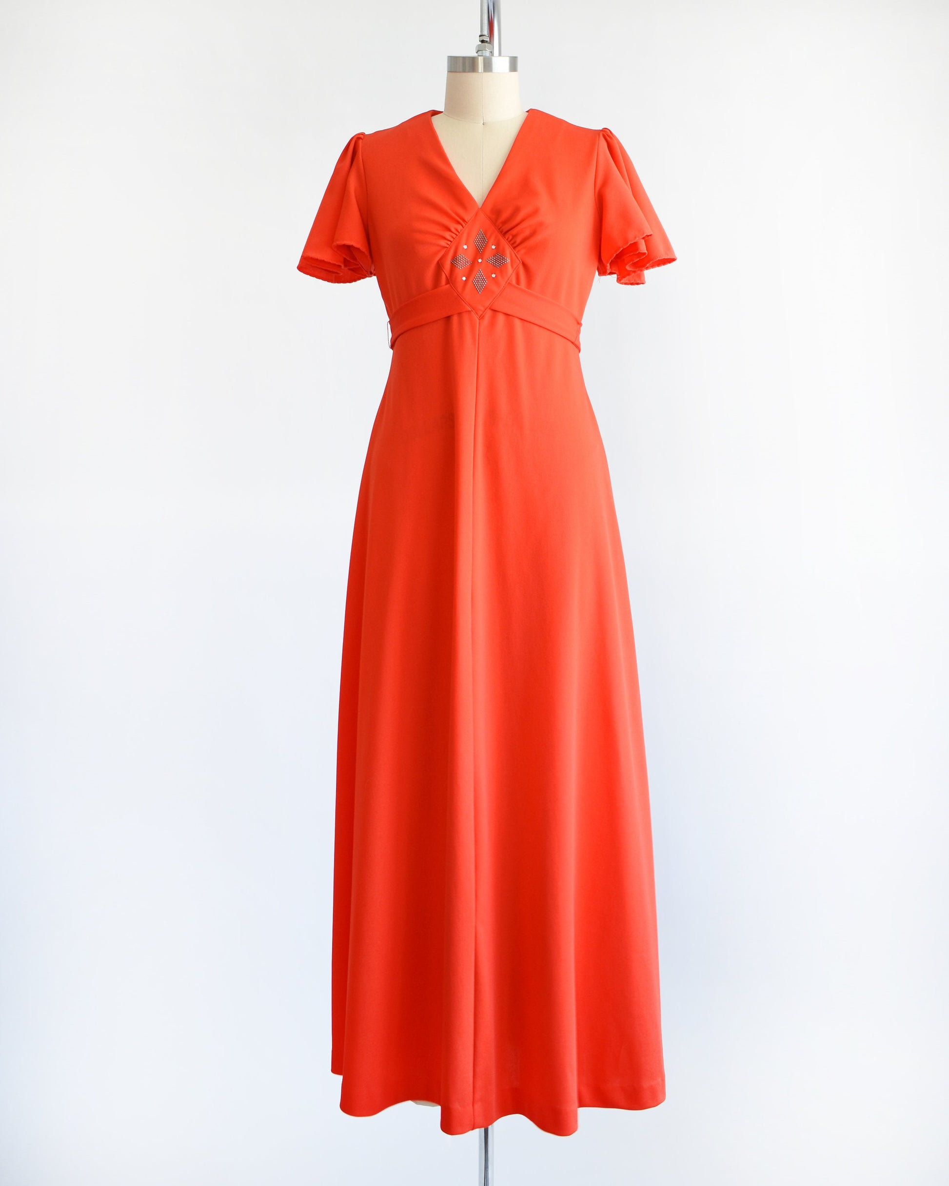 Vintage 1970s Red Orange Rhinestone & Silver Studded Maxi Disco Dress Rust Belt Threads Vintage 1970s Red Orange Rhinestone & Silver Studded Maxi Disco Dress Rust Belt Threads