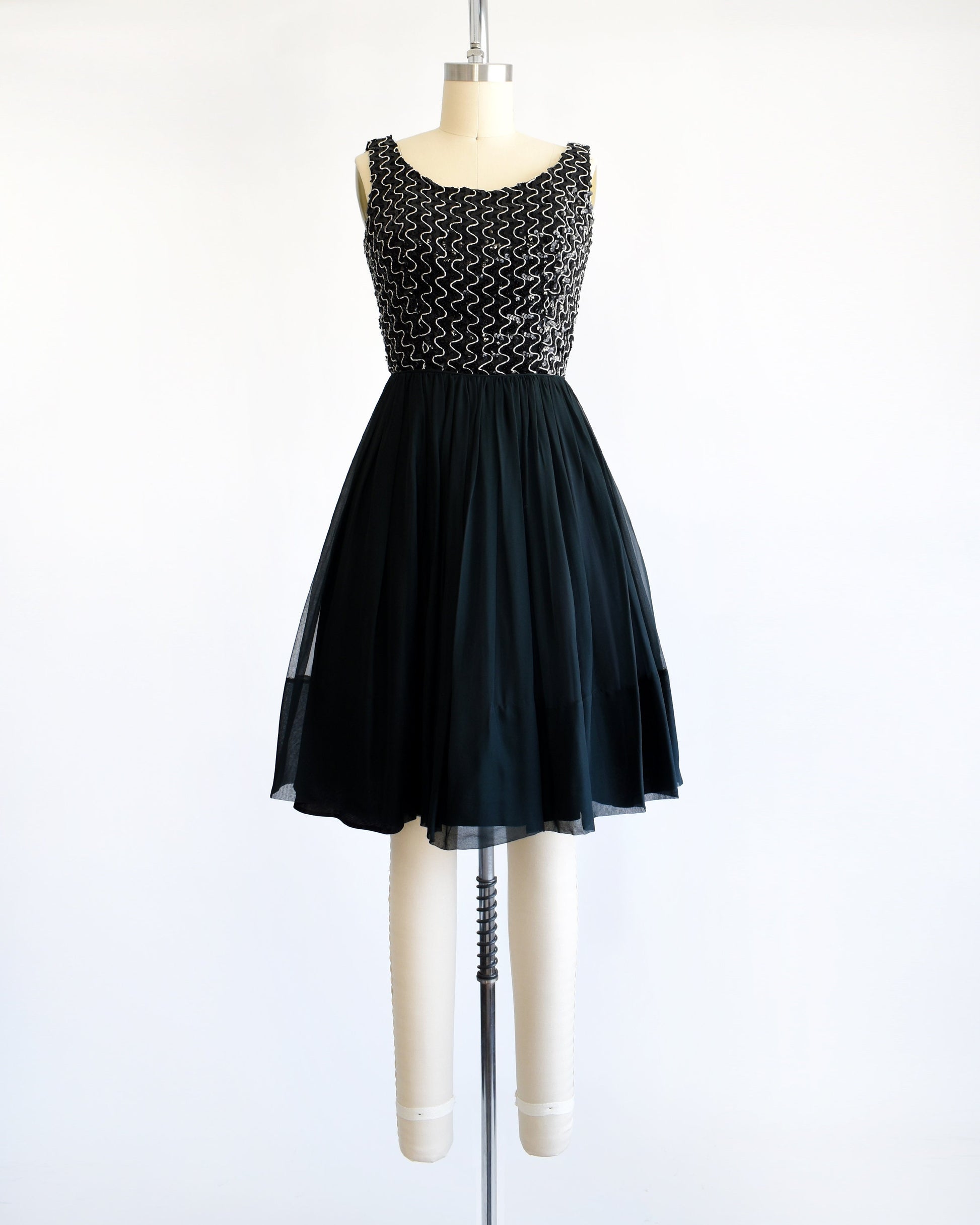 Vintage 1960s Black & Silver Sequin & Silk Chiffon Cocktail Dress | Xs Vintage 1960s Black & Silver Sequin & Silk Chiffon Cocktail Dress | Xs