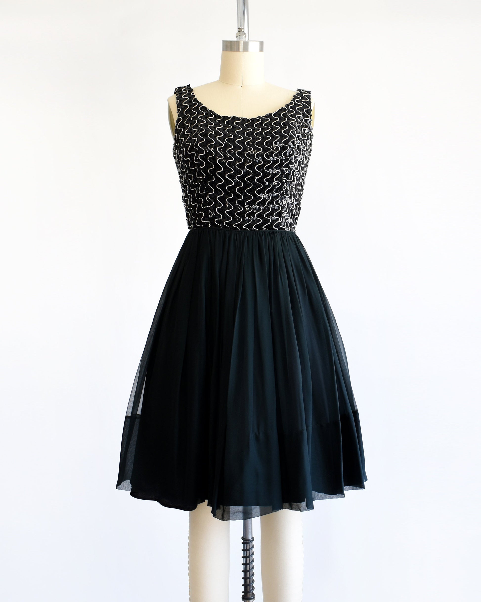 Vintage 1960s Black & Silver Sequin & Silk Chiffon Cocktail Dress | xs Vintage 1960s Black & Silver Sequin & Silk Chiffon Cocktail Dress | xs