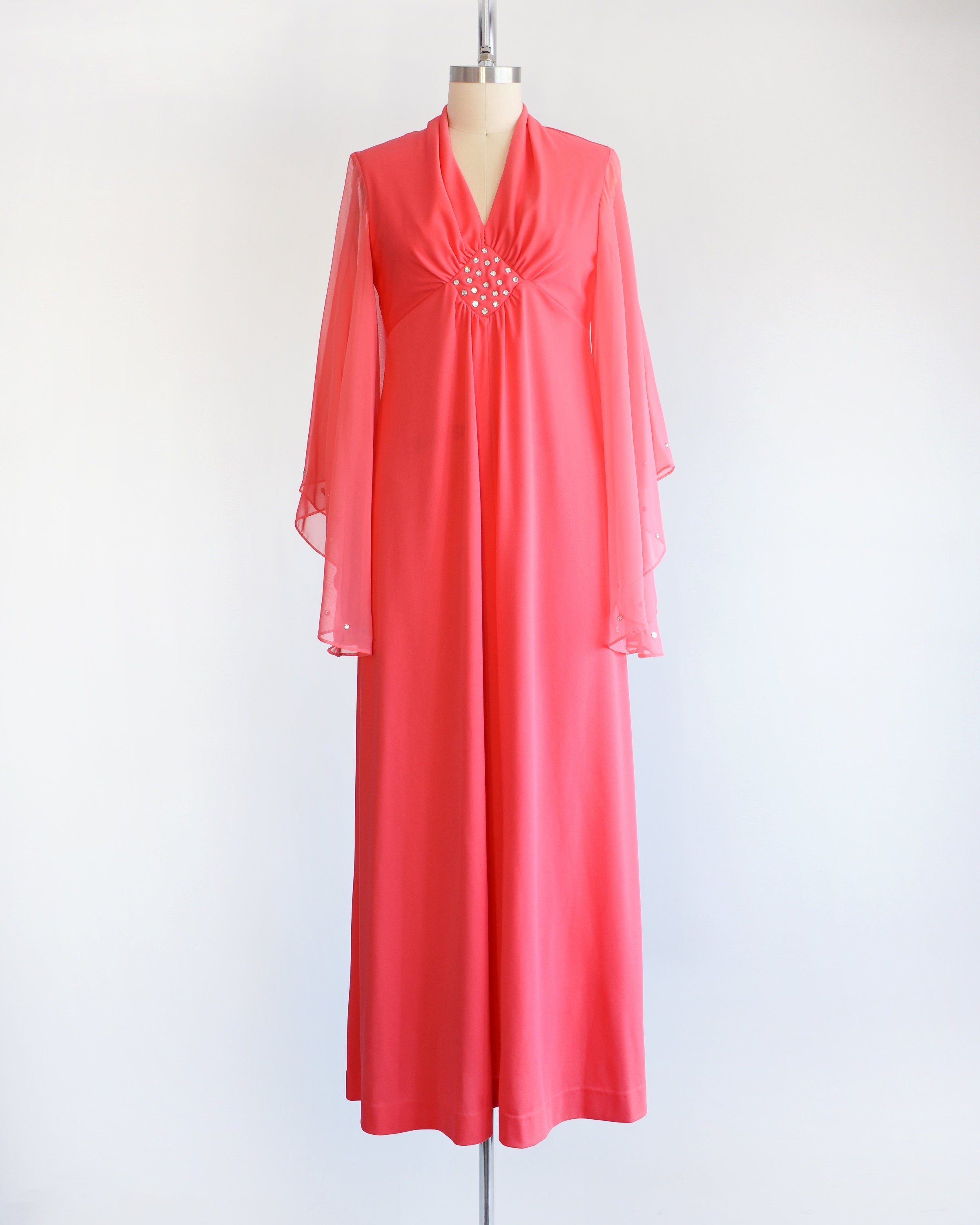 Gorgeous**Coral/Pink Chiffon**Irredescent Rhinestones**Bling factory Party Dress❌Vintage