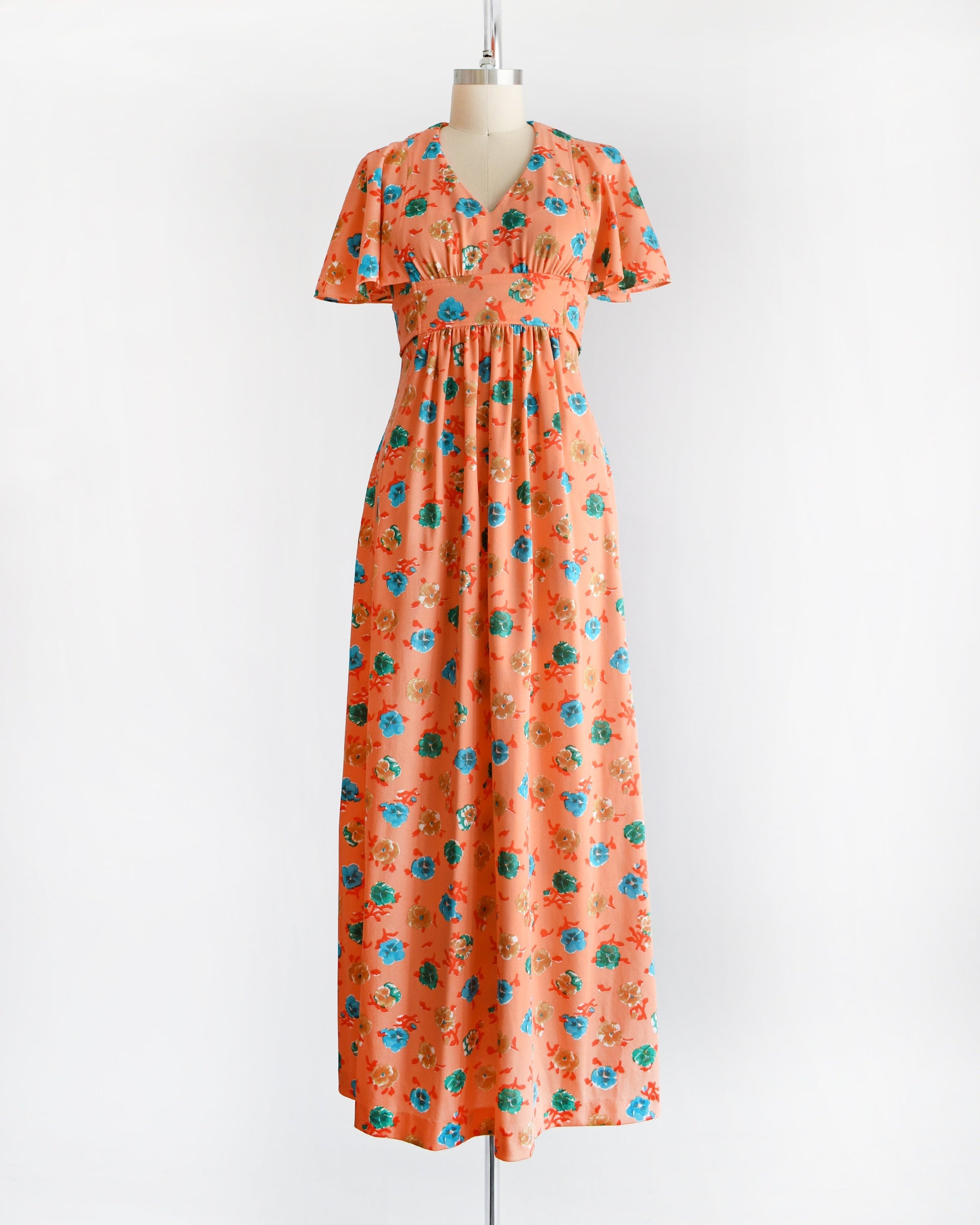 Vintage 1970s Orange & Blue Floral Maxi Dress | small Vintage 1970s Orange & Blue Floral Maxi Dress | small