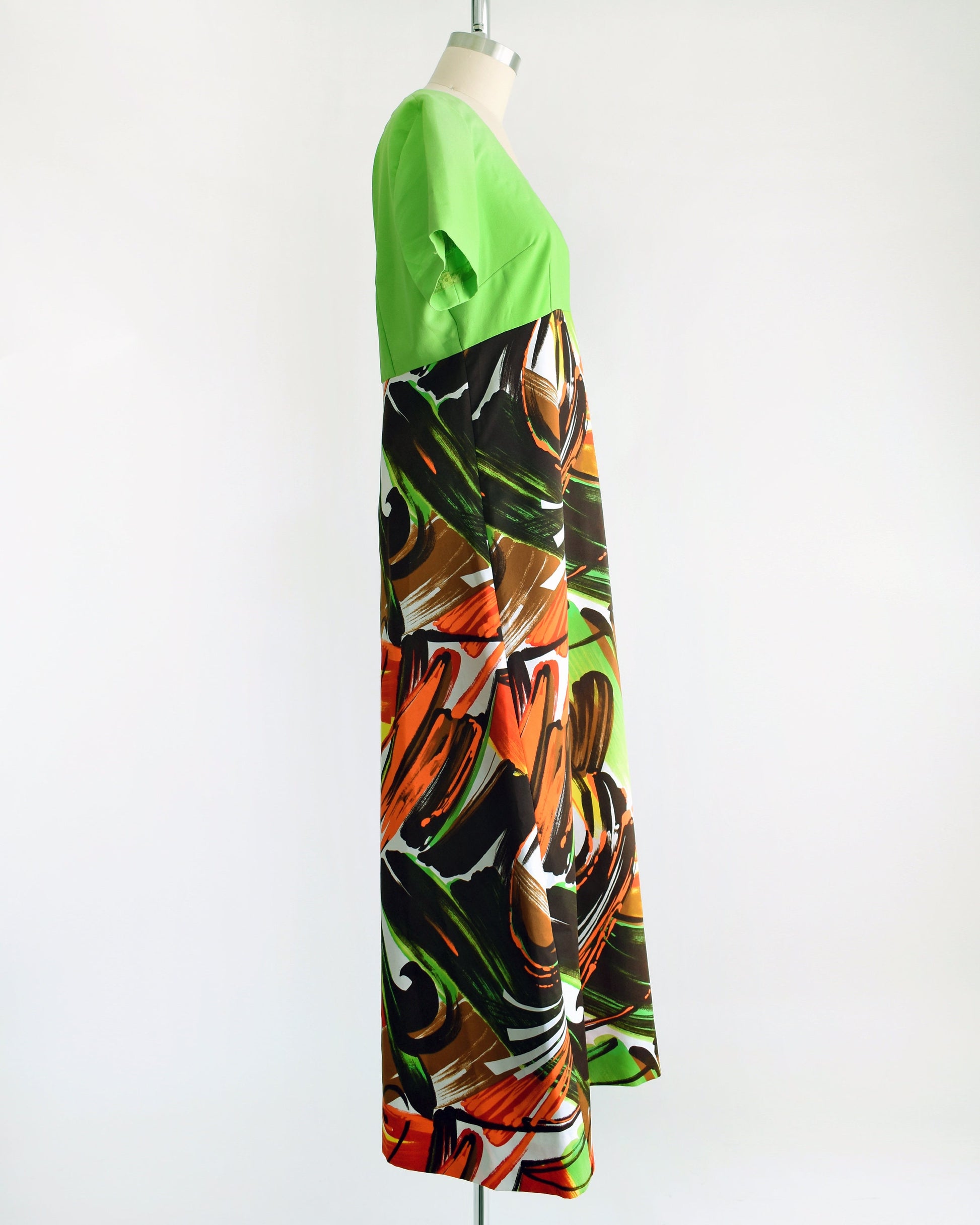 Vintage 1970s Green and Brown Brushstroke Mod Maxi Dress | large/xl Rust Belt Threads Vintage 1970s Green and Brown Brushstroke Mod Maxi Dress | large/xl Rust Belt Threads