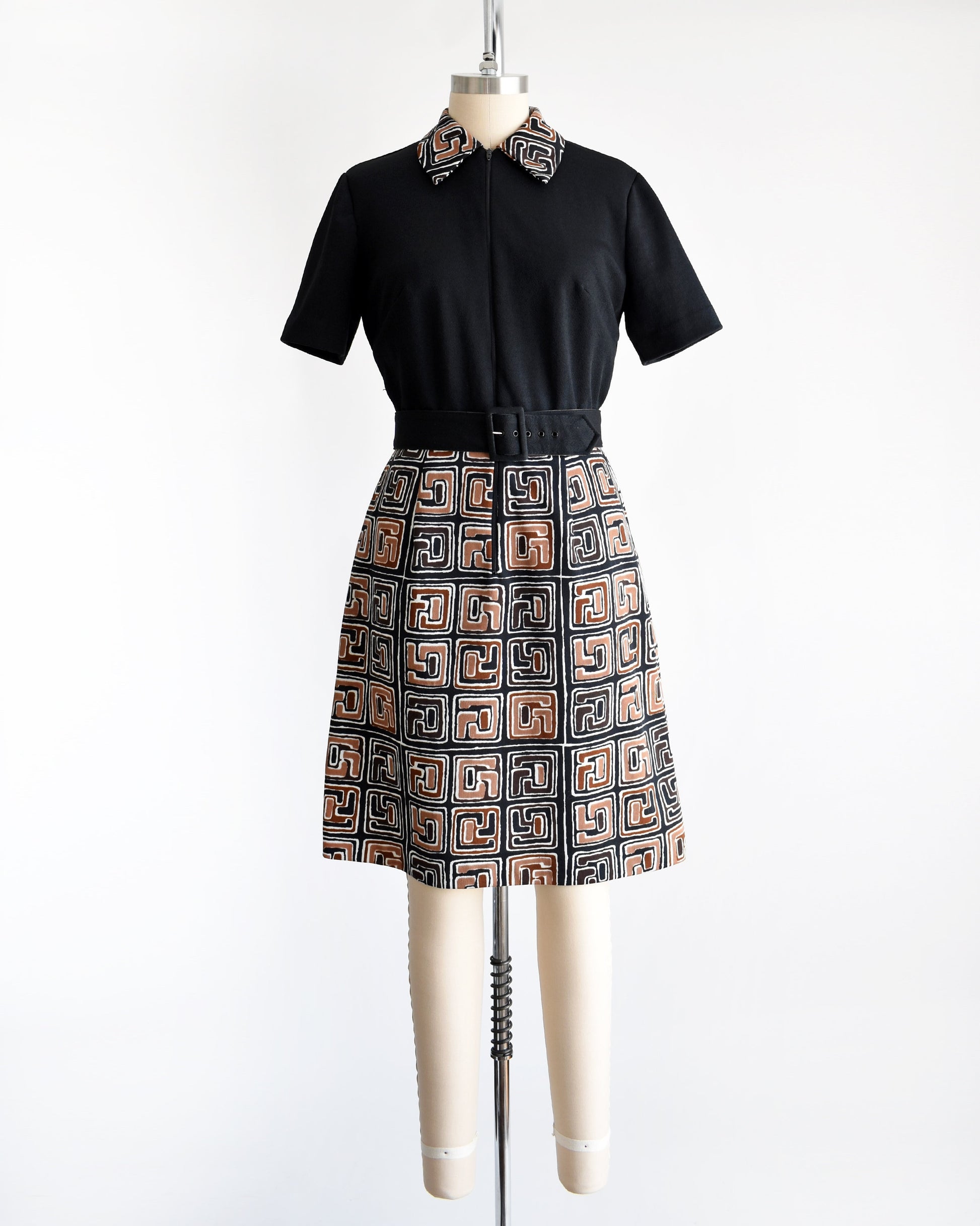 Vintage 1960s Black & Brown Geometric Mod Zip Up Dress | medium large Vintage 1960s Black & Brown Geometric Mod Zip Up Dress | medium large